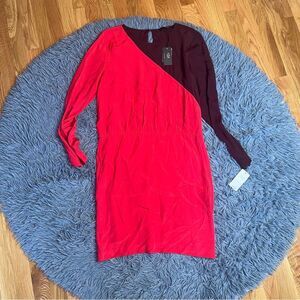 Tibi Colorblock Silk Dress in Red and Burgundy Long Sleeve 100% Silk Size 6 NWT